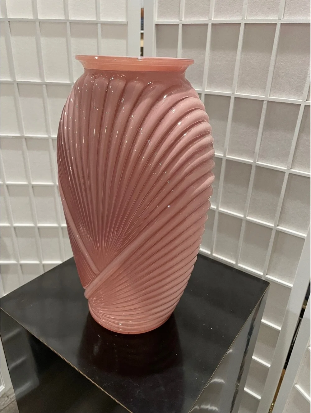 Vintage Pink Glass Art Deco Style Vase with Ribbed Design